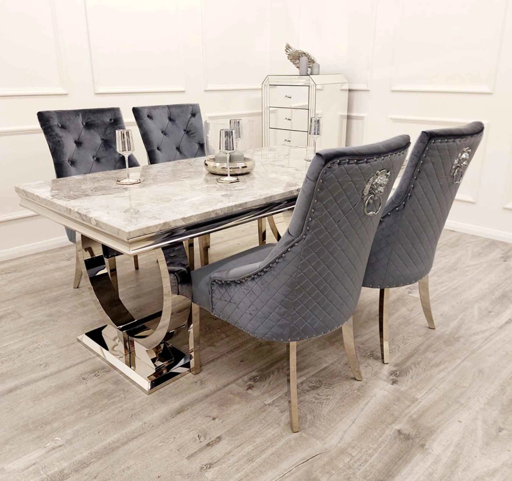 Side view of Ariana dining table with chrome frame light grey dining set UK Solid Furniture UK