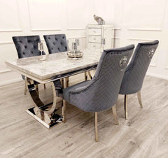 Side view of Ariana dining table with chrome frame light grey dining set UK Solid Furniture UK