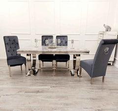 Ariana dining table with dark grey Sofia chairs light grey top main front view UK dining set Solid Furniture UK