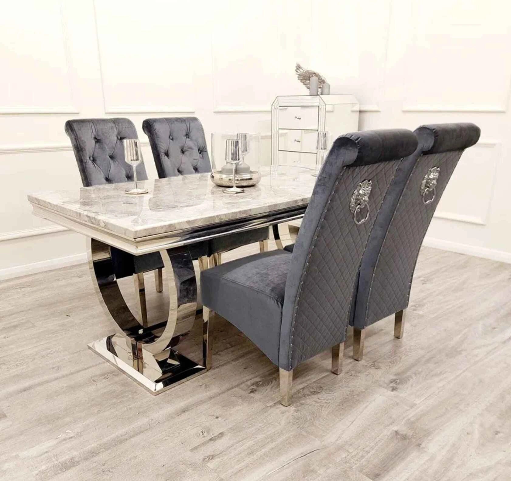 Side view of Ariana dining table with chrome frame and Sofia chairs light grey dining set UK Solid Furniture UK