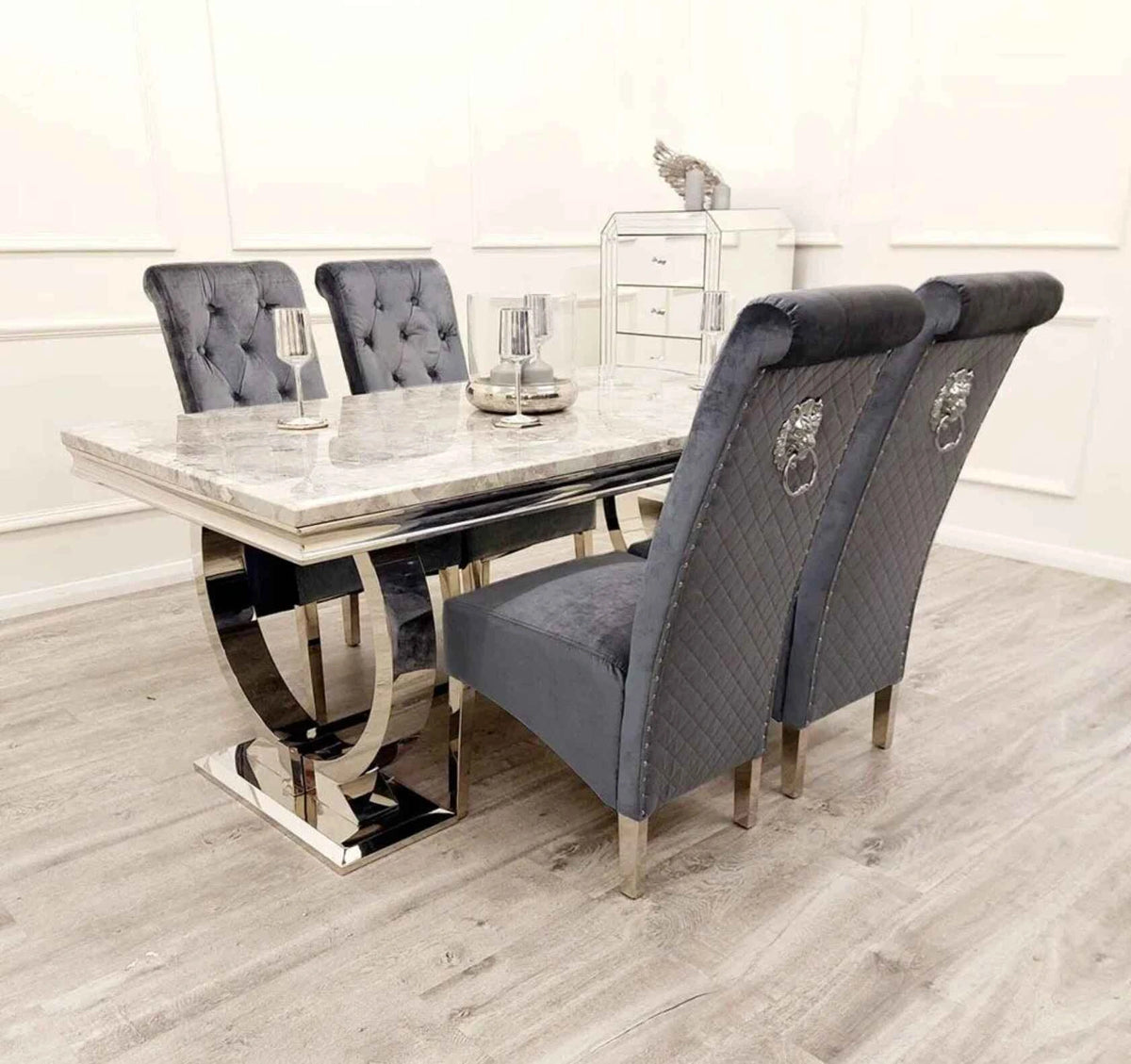 Side view of Ariana dining table with chrome frame and Sofia chairs light grey dining set UK Solid Furniture UK