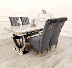 Side view of Ariana dining table with chrome frame and Sofia chairs light grey dining set UK Solid Furniture UK