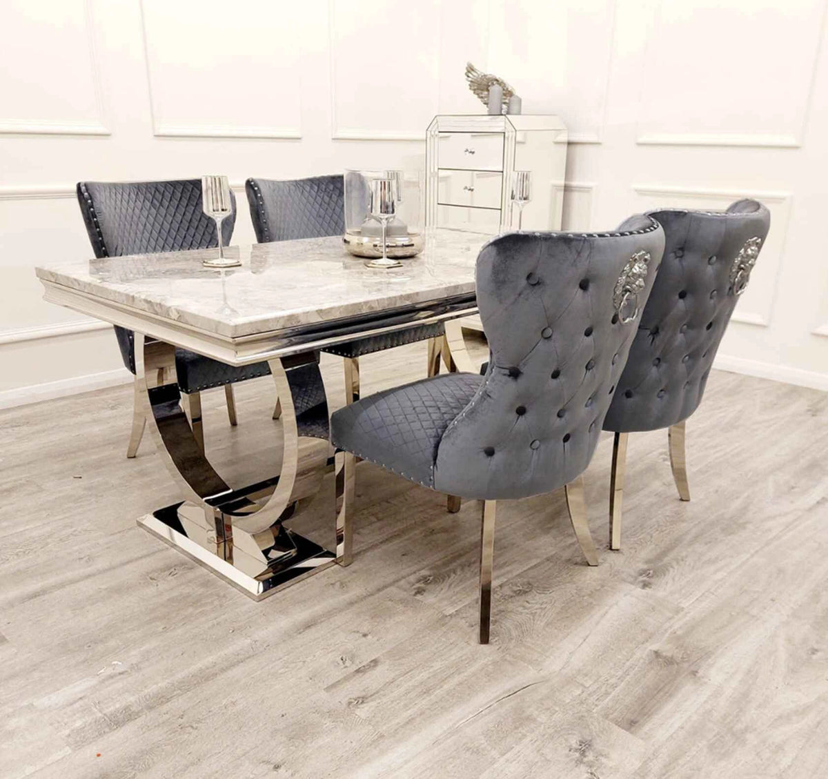 Ariana dining table with Valentino grey velvet chairs main view Solid Furniture UK