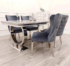 Ariana dining set side view with grey velvet chairs Solid Furniture UK