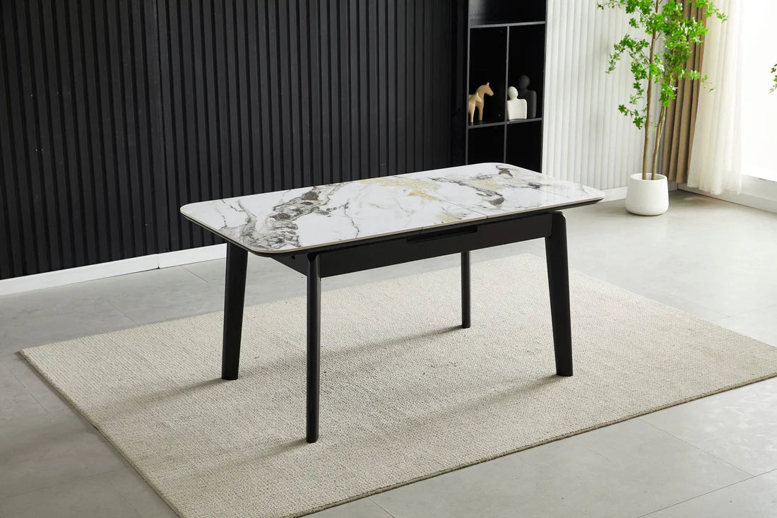 Arizona Extending Dining Table in cream and gold ceramic finish with a smooth extension mechanism, available at Solid Furniture UK.