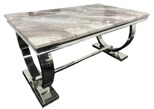 Arriana industrial dining table with beige marble top and chrome frame – main front view by Solid Furniture UK