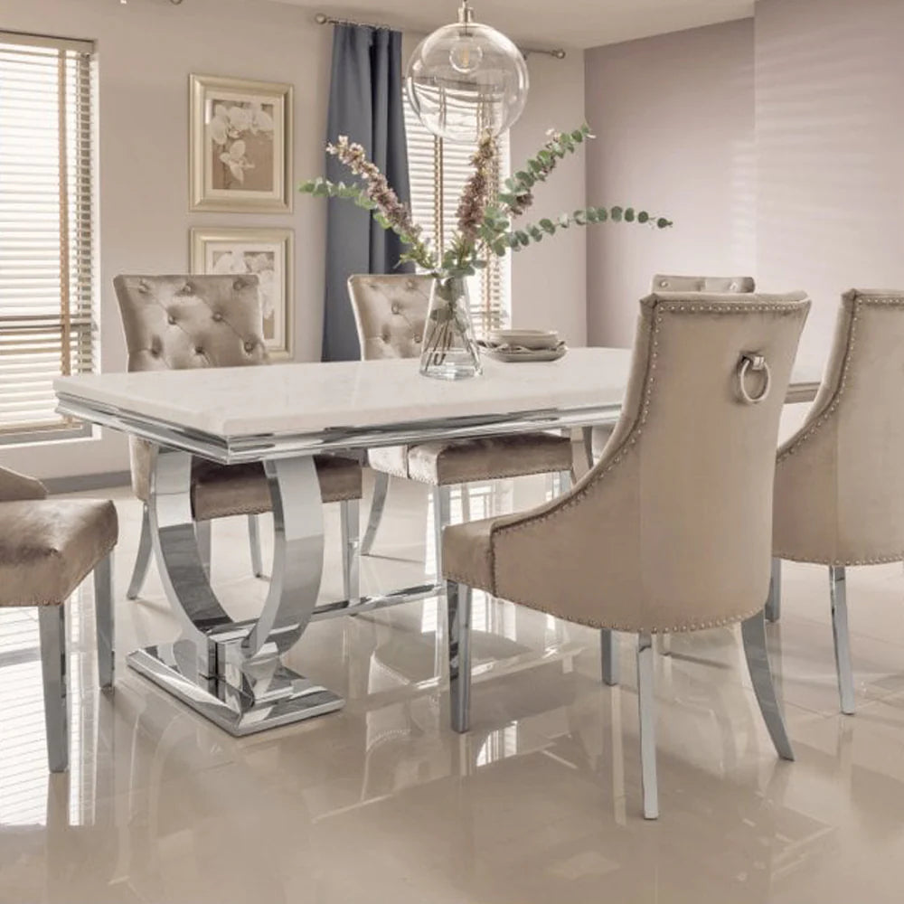 Arriana dining table with white top and chrome frame – main view by Solid Furniture UK