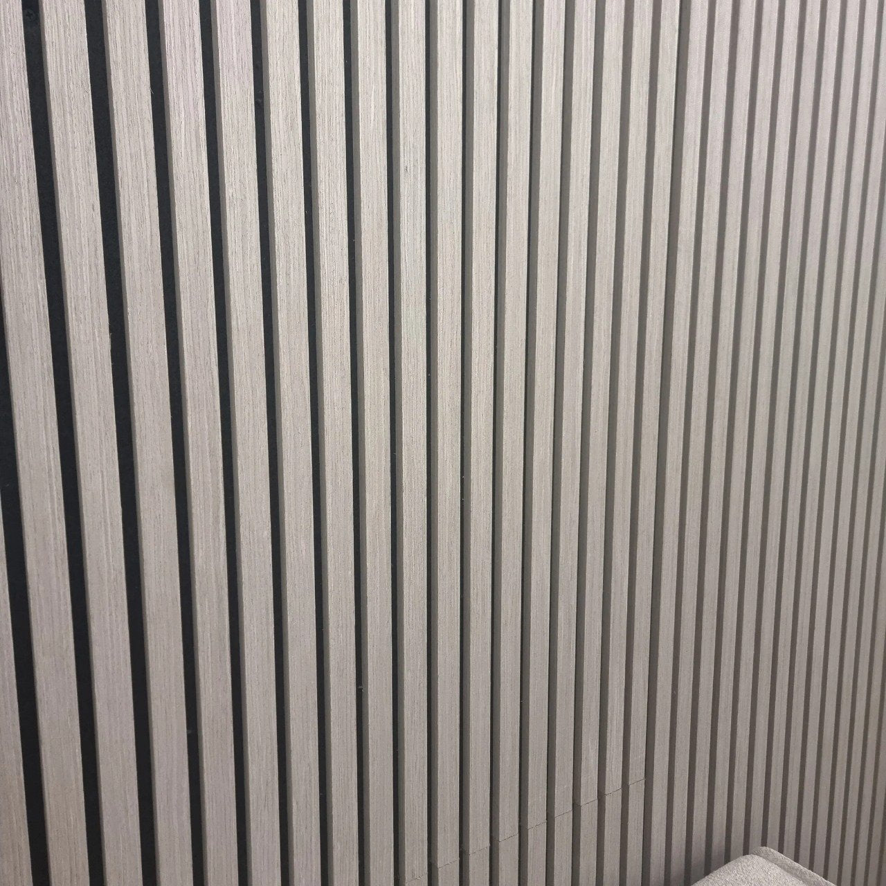 Close-up main view of Ash Grey 60x240cm acoustic wall panel by Solid Furniture UK showing modern wood grain texture and slat detail