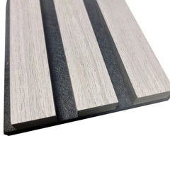 Close-up view of Ash Grey 60x240cm acoustic wall panel by Solid Furniture UK showing modern wood grain texture and slat detail