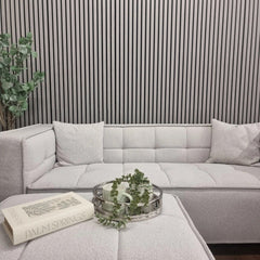 Full room view featuring Ash Grey 60x240cm acoustic wall panels by Solid Furniture UK installed in a modern stylish interior space