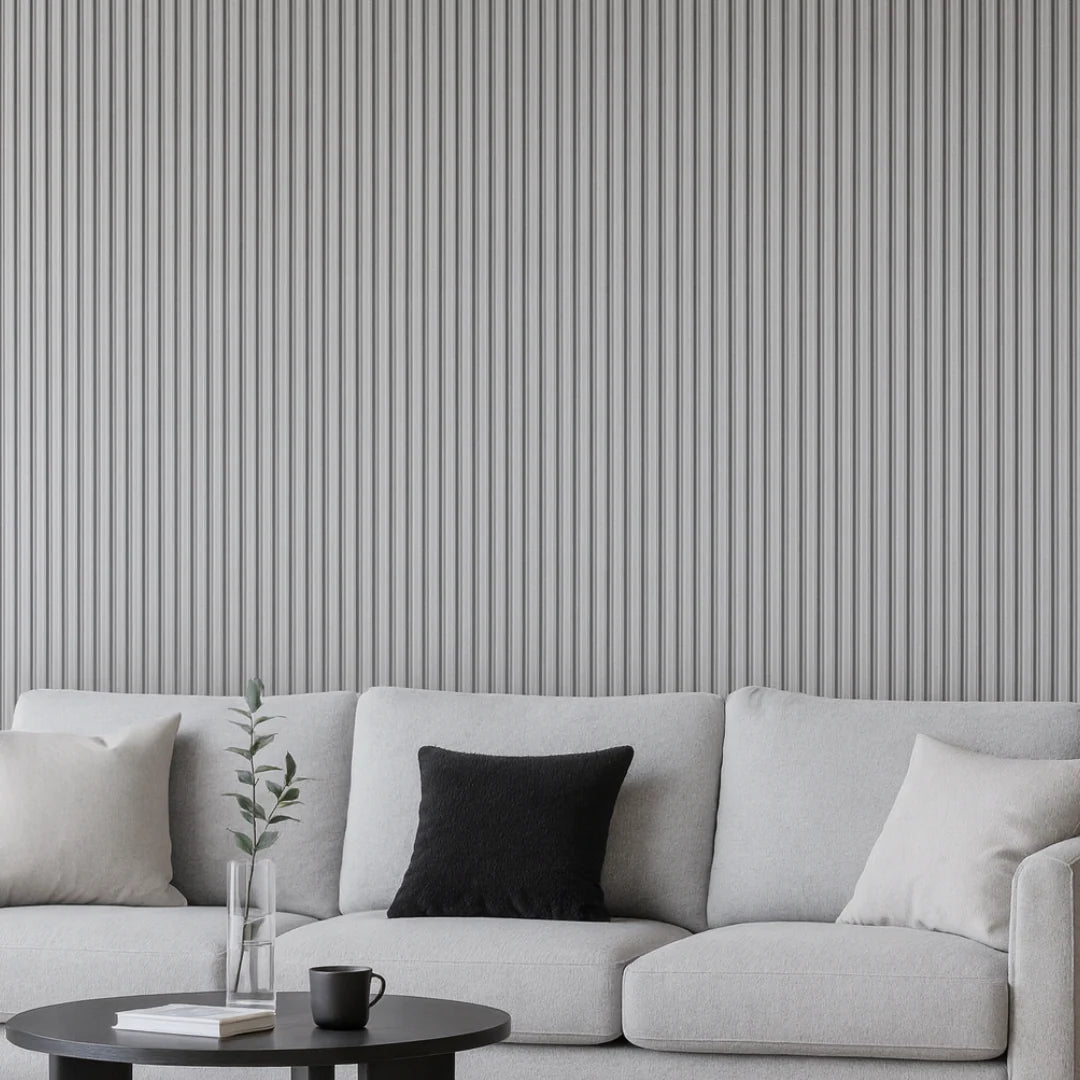 Ash Grey Wave Wall Panels installed on a modern living room feature wall solid furniture uk