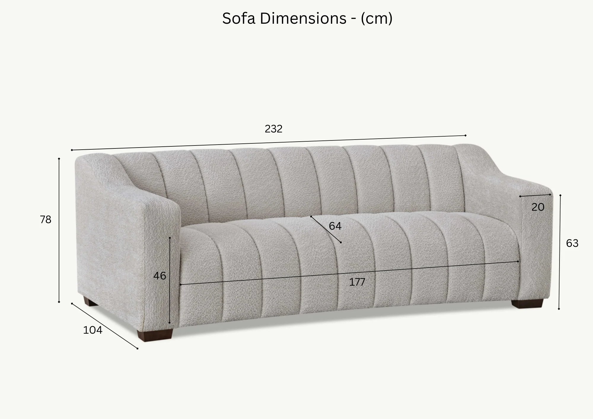 Astoria 3 seater sofa dimensions 232cm length 104cm depth 78cm height seat height 46cm arm height 63cm UK solid furniture UK