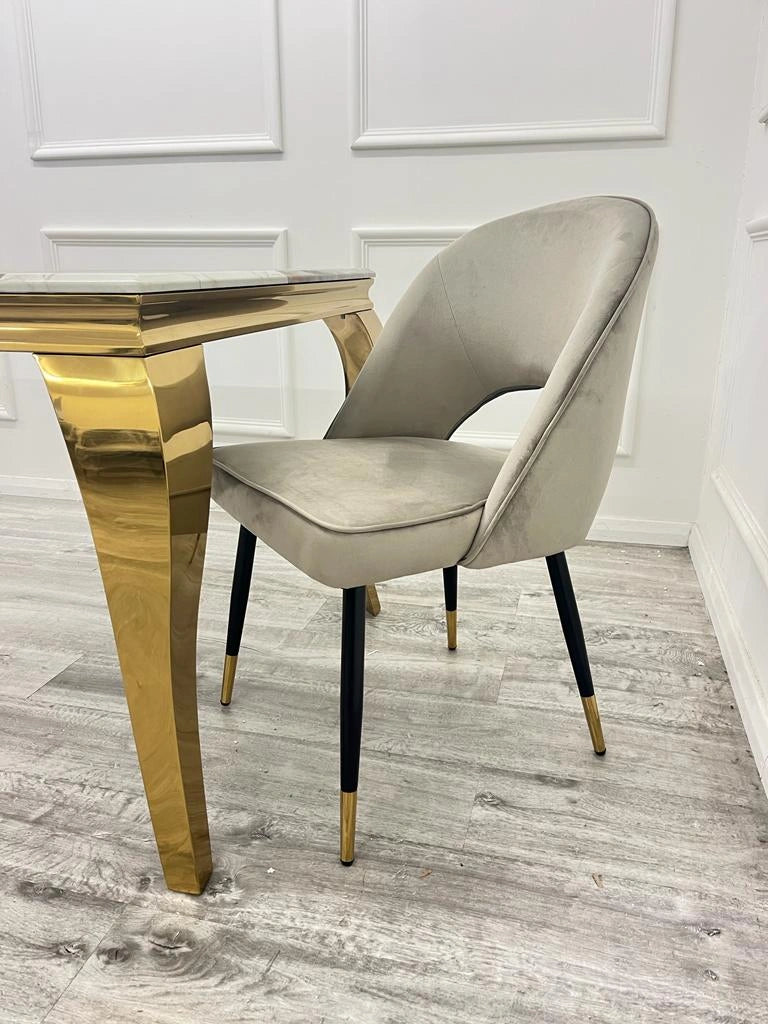 Astra beige velvet dining chair side view at Solid Furniture UK
