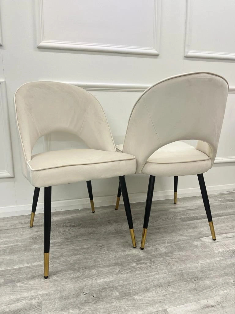 Pair of Astra beige velvet dining chairs view at Solid Furniture UK
