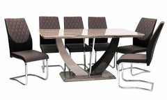 Atlantis Dining Table with six chairs in modern UK dining room setup, brown marble-effect finish – Solid Furniture UK
