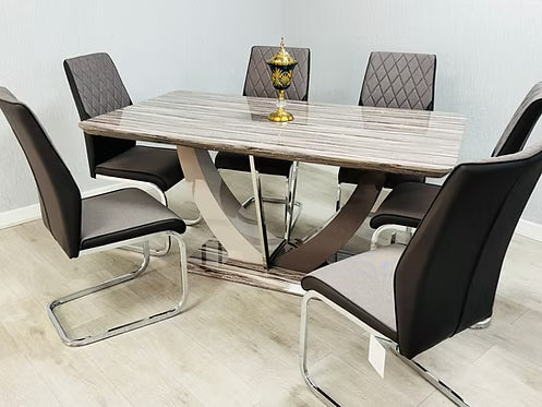 Atlantis Dining Table with chairs showing modern brown marble-effect design – Solid Furniture UK
