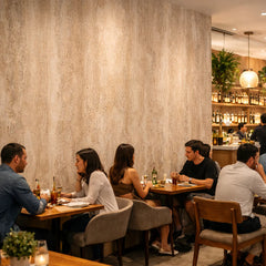 Beige MCM Travertine Stone Wall Tiles 120 x 60cm pack of 4 by Solid Furniture LTD installed on a restaurant feature wall for a warm, elegant look