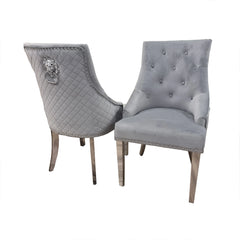 Bentley dark grey chrome velvet dining chair UK main front view showing luxury quilted design and chrome legs from Solid Furniture UK