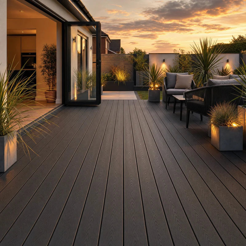 Black 290cm composite decking boards installed in a stylish outdoor garden space by Solid Furniture UK