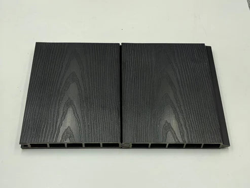 Interlocking design of black composite fence panels from Solid Furniture UK