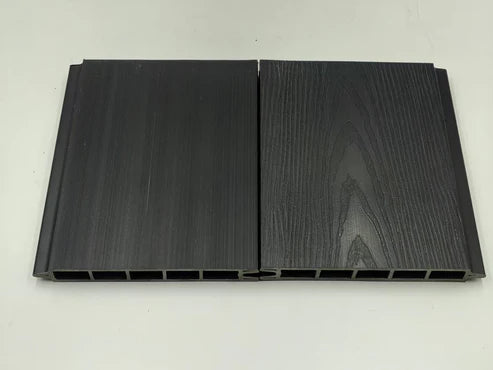 Secure locking mechanism of black composite fencing by Solid Furniture UK