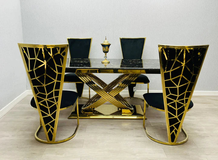 Black and gold marble dining table with Vienna dining chairs, main front view luxury dining set UK by Solid Furniture UK