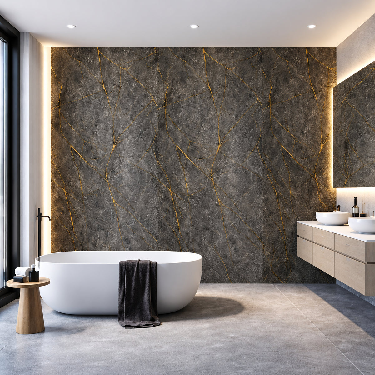 Black and gold marble effect PVC wall panels 60×240cm by Solid Furniture UK installed in a modern bathroom.