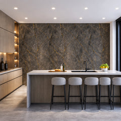 Black and gold marble effect PVC wall panels 60×240cm installed in a modern kitchen. Solid Furniture UK