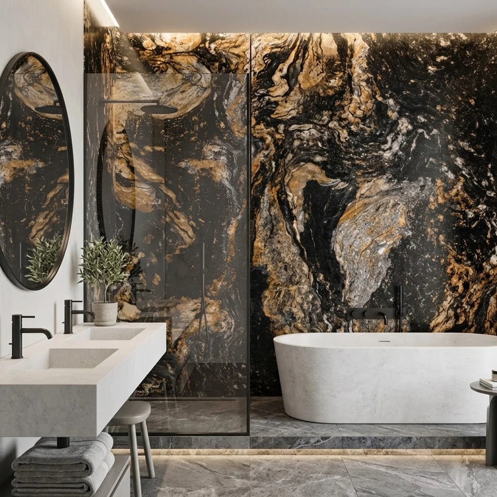 Black and Gold marble effect PVC wall panels installed in a modern bathroom by Solid Furniture UK