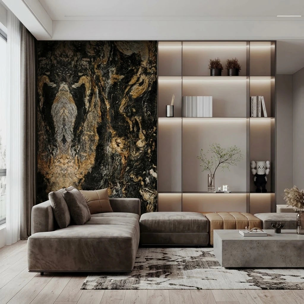 Black and Gold marble effect PVC wall panels installed in a contemporary living room by Solid Furniture UK