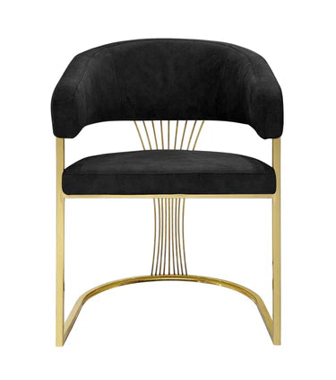 Black Porado dining chair with gold stainless steel legs shown in main front view, featuring soft upholstered seat and curved backrest for modern luxury dining spaces. solid furniture UK