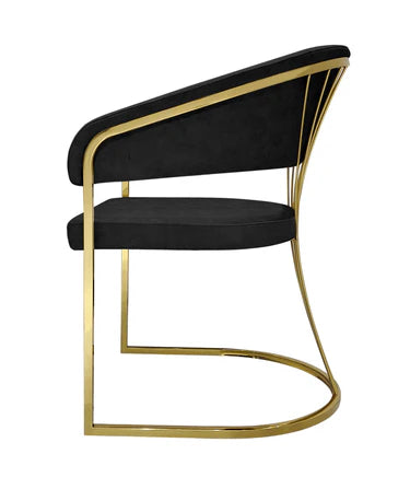 Black Porado dining chair side view highlighting elegant curved design, cushioned upholstery, and gold stainless steel frame, ideal for contemporary dining interiors. solid furniture UK