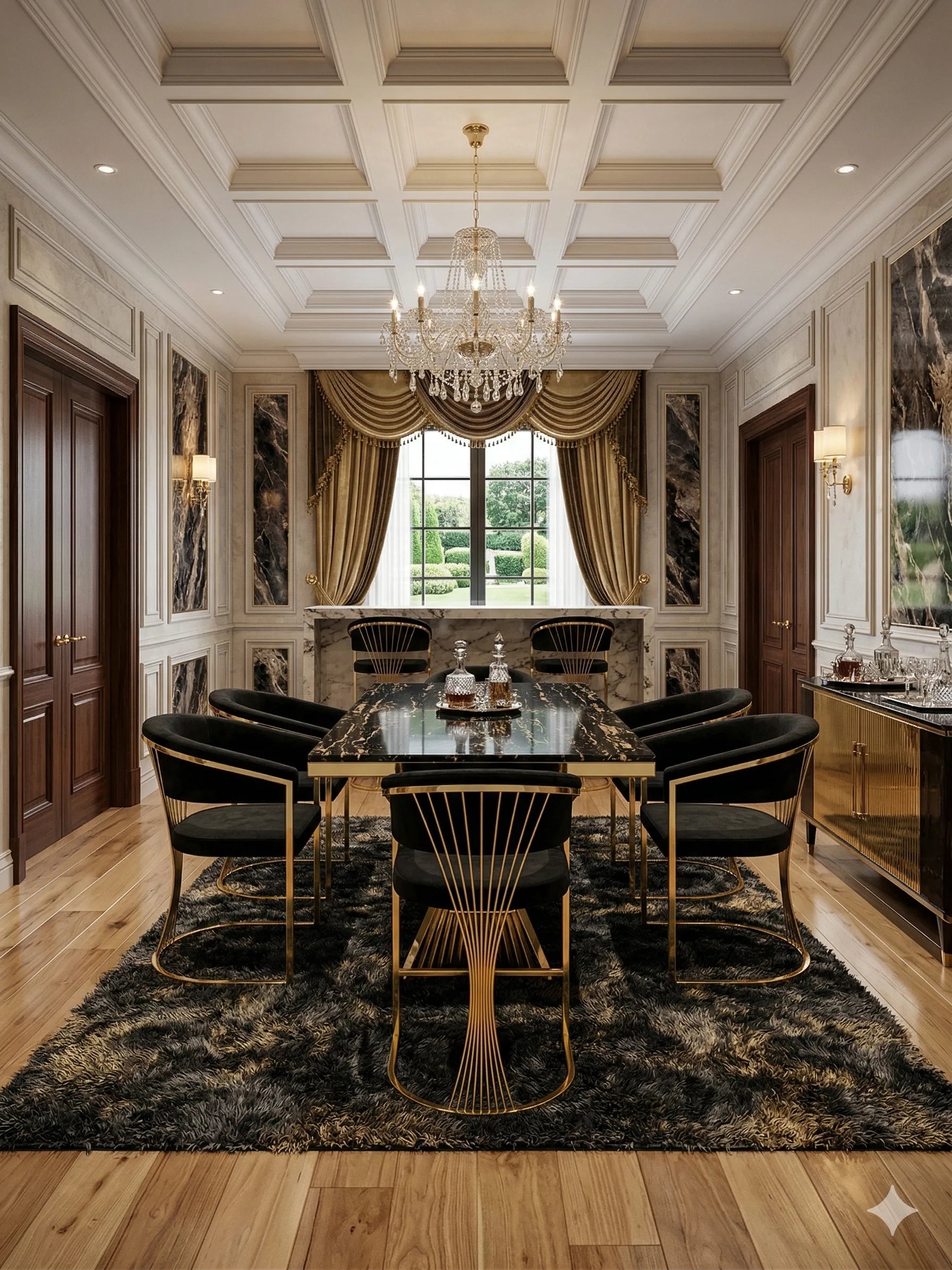 Black and gold Ravello dining table with matching Porado chairs placed in a luxury modern dining room, featuring a marble-effect top, gold pedestal base, and elegant upholstered seating. solid furniture UK
