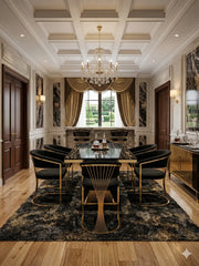 Black and gold Ravello dining table with matching Porado chairs placed in a luxury modern dining room, featuring a marble-effect top, gold pedestal base, and elegant upholstered seating. solid furniture UK