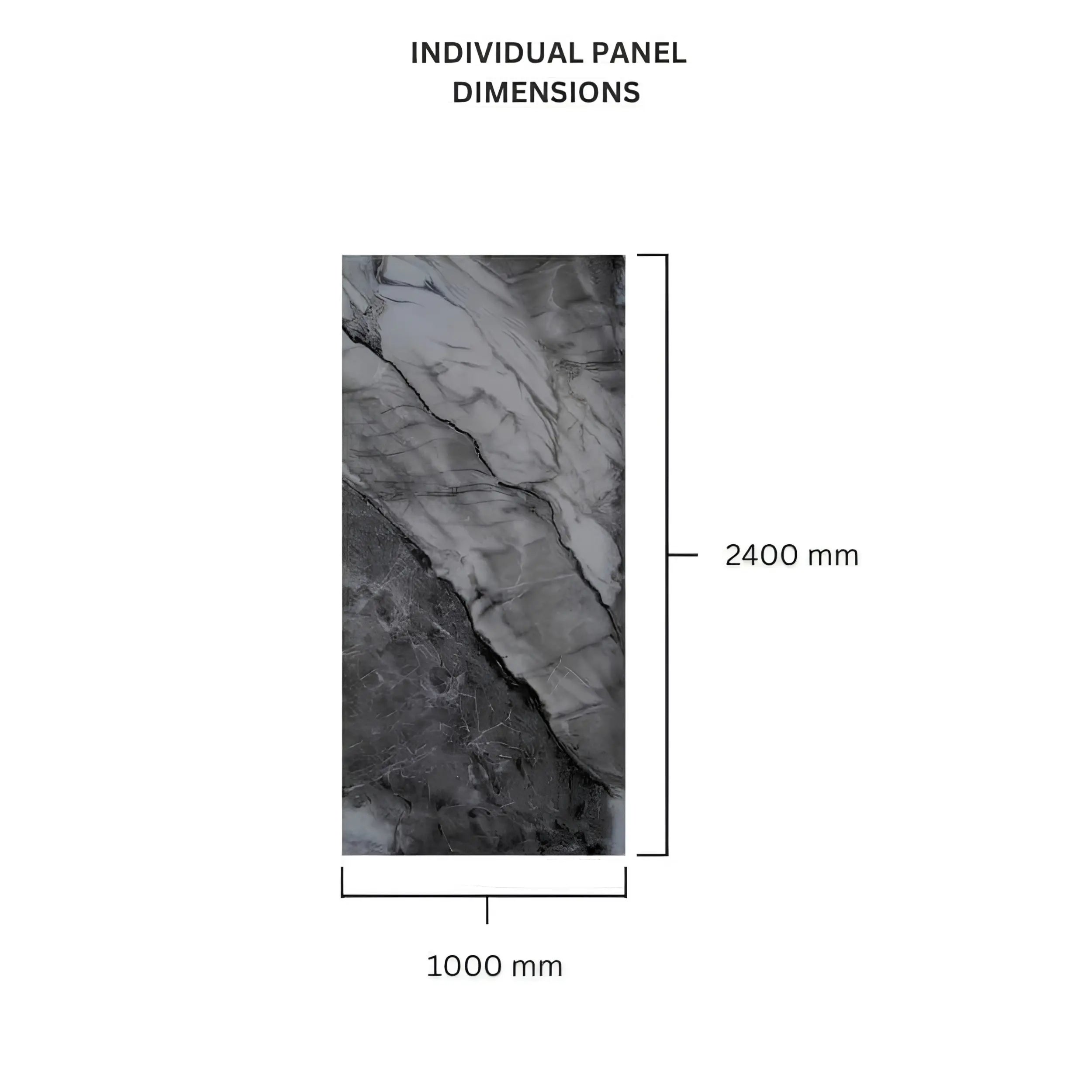 Black and grey gloss shower wall panel showing 1000 x 2400mm dimensions by Solid Furniture UK