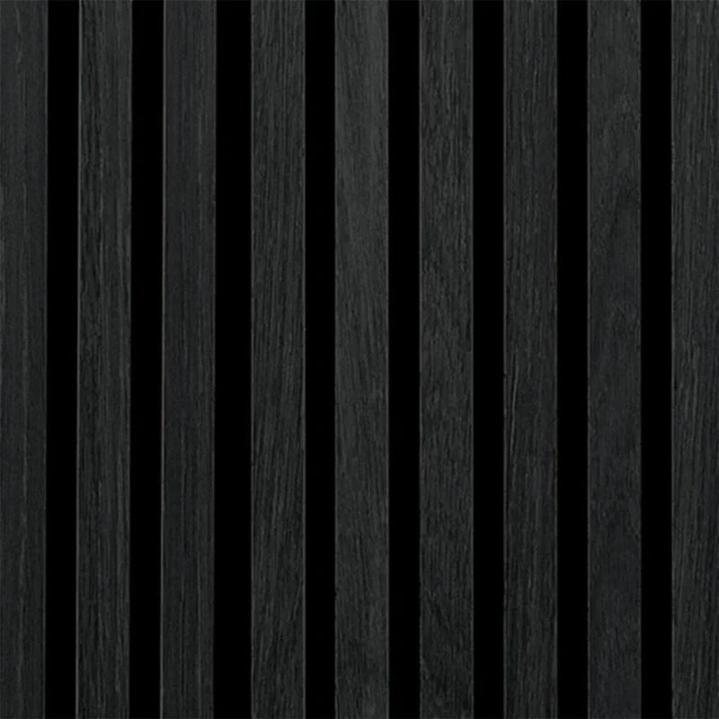 Black HDF acoustic slatted wall panels 60x240cm in a modern interior in the UK by Solid Furniture UK, combining bold design with effective sound absorption.