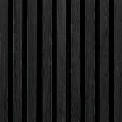 Black HDF acoustic slatted wall panels 60x240cm in a modern interior in the UK by Solid Furniture UK, combining bold design with effective sound absorption.
