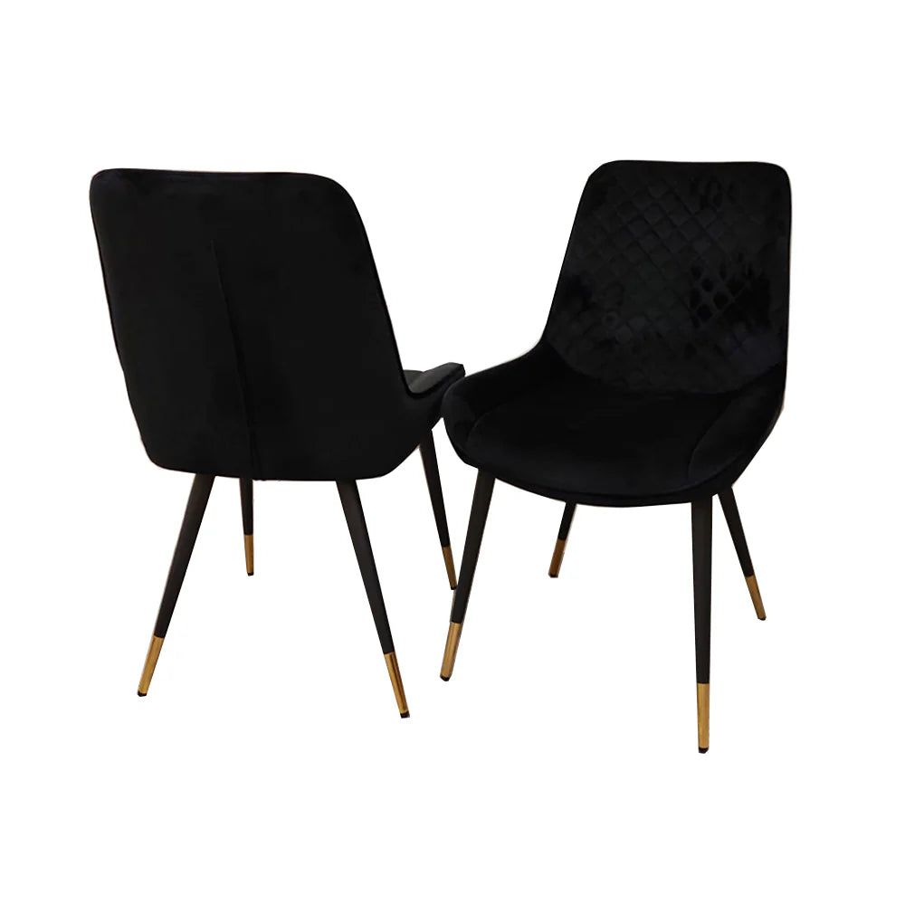 Black Luna velvet dining chairs pair view from Solid Furniture UK modern padded dining chairs elegant design