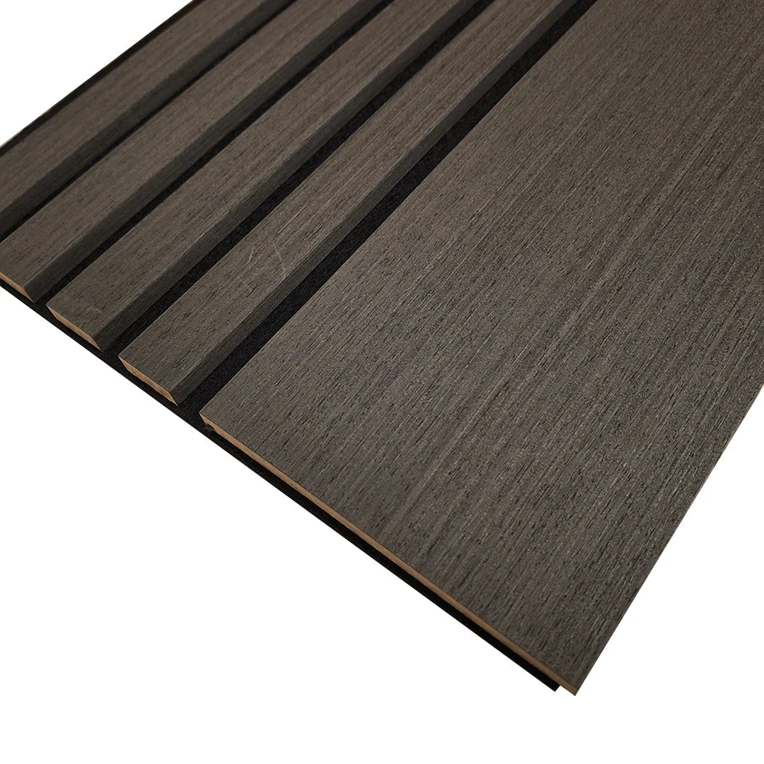 Black Oak 240 x 30 cm acoustic wood veneer wall panels by Solid Furniture UK with premium dark finish for elegant modern interiors