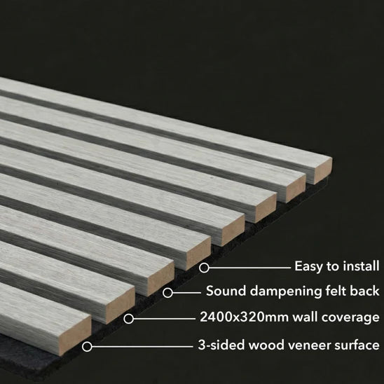Black Oak acoustic wall panels with dimension overlay, illustrating slat size, spacing, panel height, and overall measurements for installation guidance. solid furniture UK