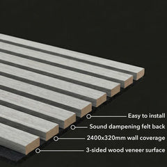 Black Oak acoustic wall panels with dimension overlay, illustrating slat size, spacing, panel height, and overall measurements for installation guidance. solid furniture UK