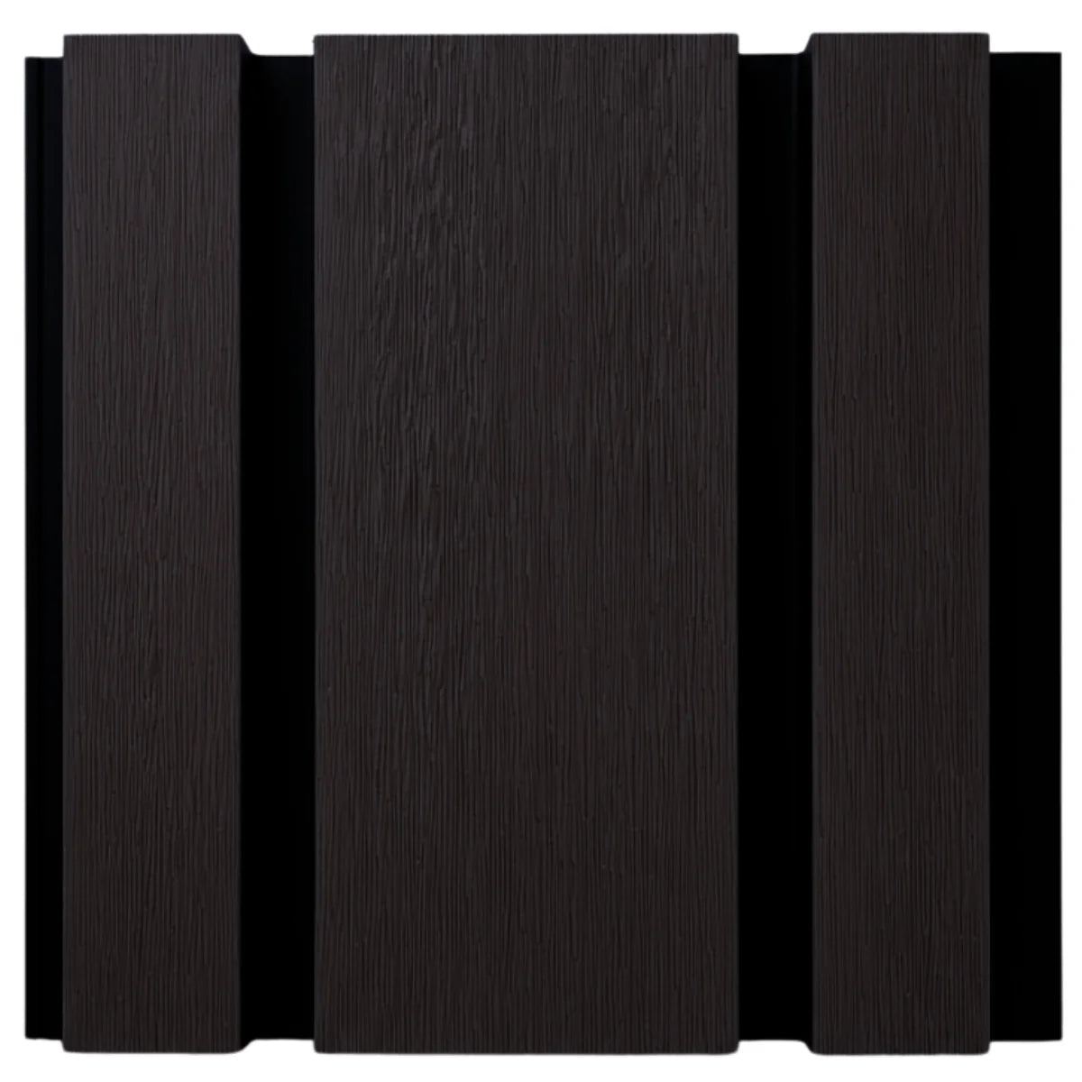 Close up view of Black Oak exterior composite wall cladding with realistic timber grain effect solid furniture UK