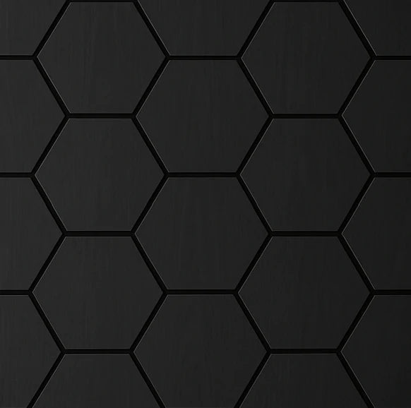 Close-up of Black Oak hexagon acoustic wall panels showing geometric pattern, textured finish, and felted backing for enhanced sound absorption. solid furniture UK