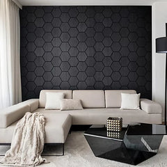 Black Oak hexagon acoustic wall panels with felt backing, offering geometric style and sound absorption for home or office. solid furniture UK