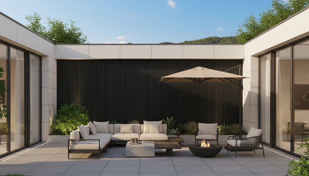 Black outdoor wall panels installed on an exterior wall, showing a modern and clean finish suitable for homes, gardens, and commercial outdoor spaces. solid furniture UK