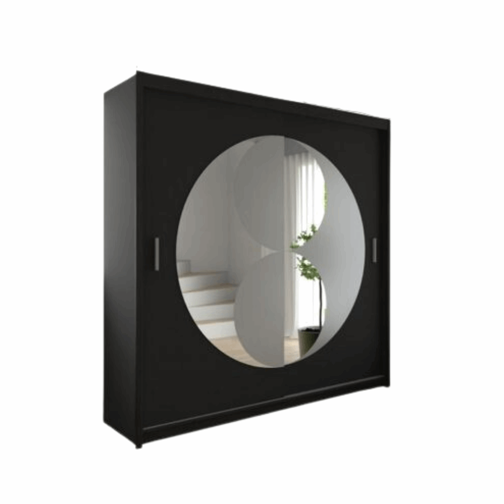 Black sliding wardrobe with mirrored doors, shelves, and hanging rails