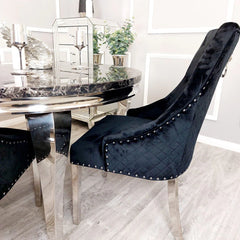 Black velvet Bentley dining chair UK left side view by Solid Furniture UK highlighting velvet upholstery and side structure detail