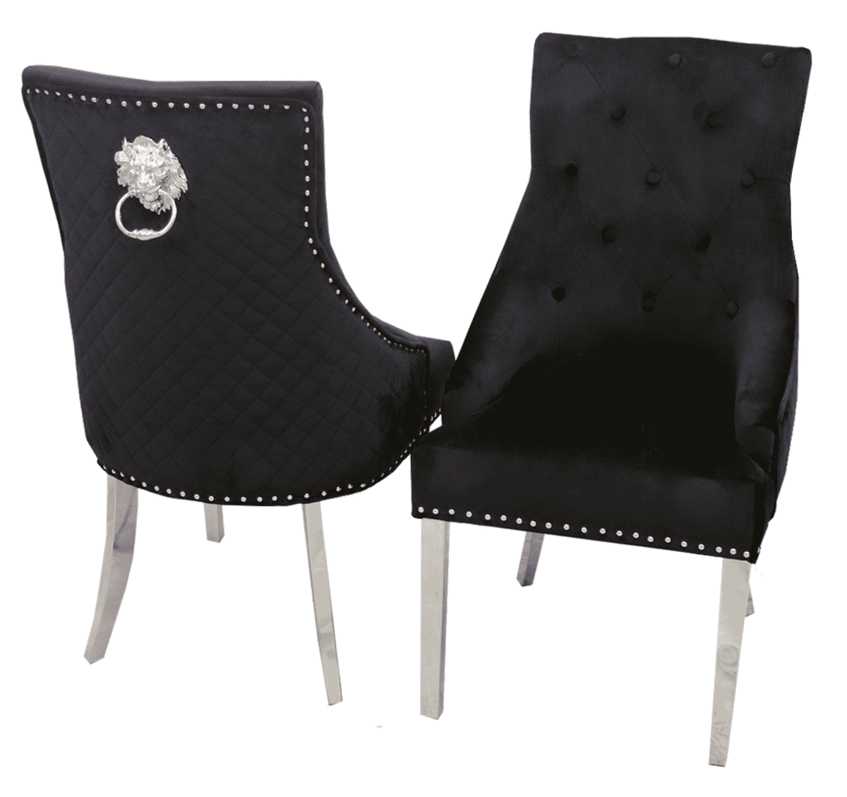 Black velvet Bentley dining chair UK lion knocker main front view by Solid Furniture UK showing elegant velvet upholstery and chrome legs