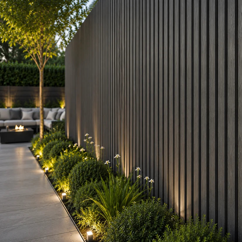 Black waterproof outdoor WPC wall panels 180/290cm installed on a garden wall by Solid Furniture UK