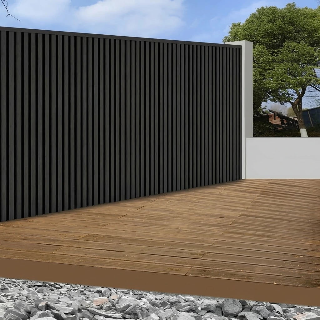 Black waterproof outdoor WPC wall panels 180/290cm installed on a main gate by Solid Furniture UK